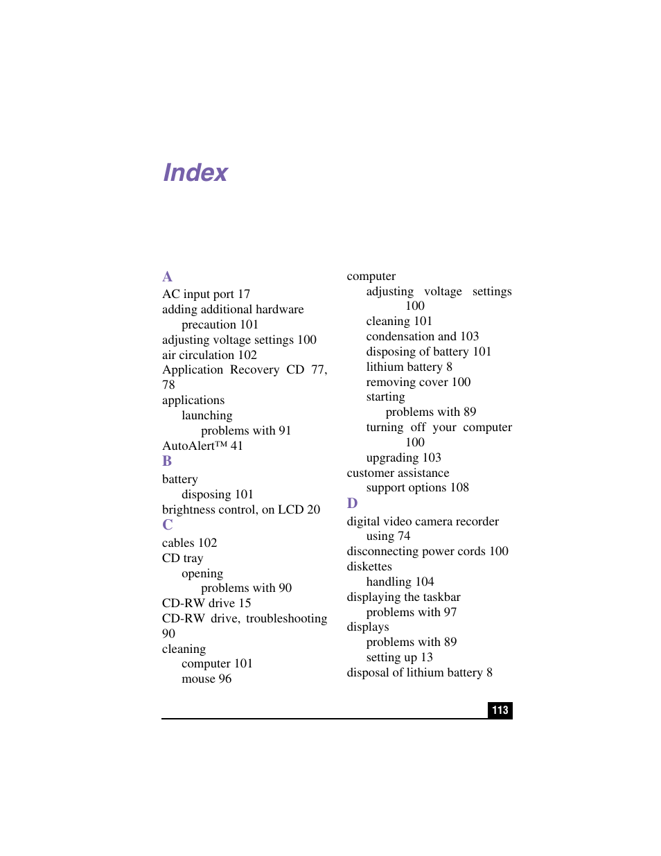 Index | Sony PCV-LX900 User Manual | Page 113 / 116