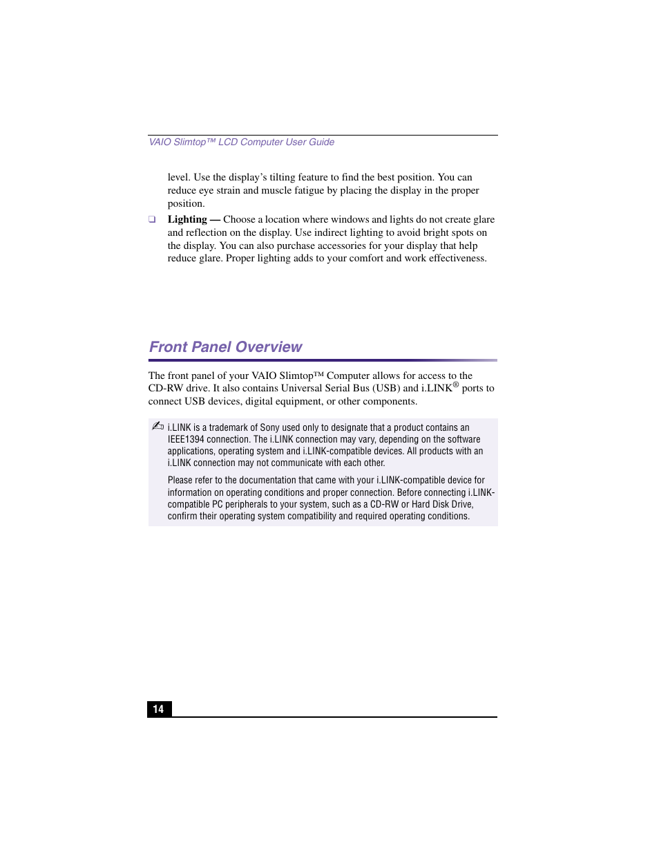 Front panel overview | Sony PCV-LX900 User Manual | Page 14 / 116