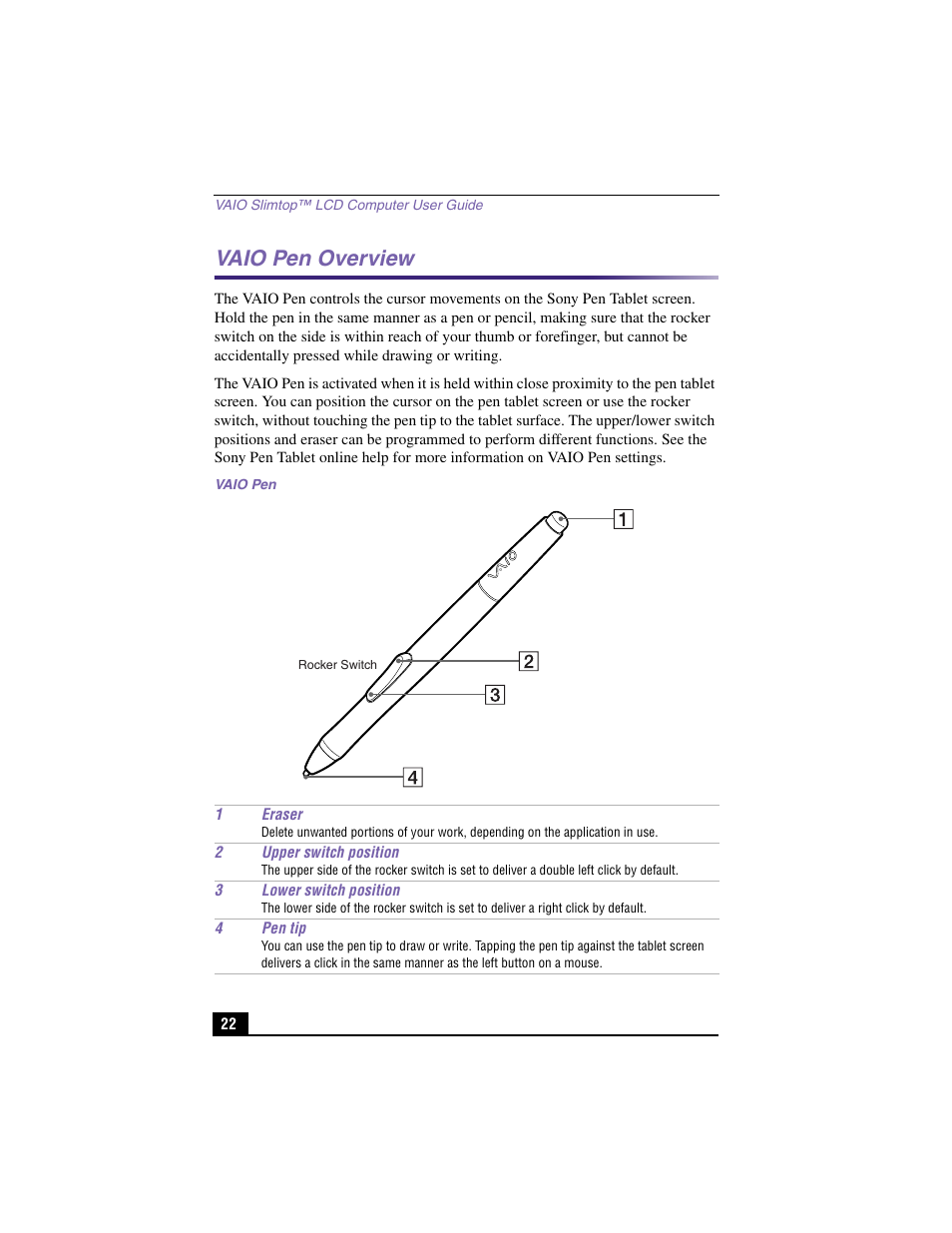 Vaio pen overview | Sony PCV-LX900 User Manual | Page 22 / 116