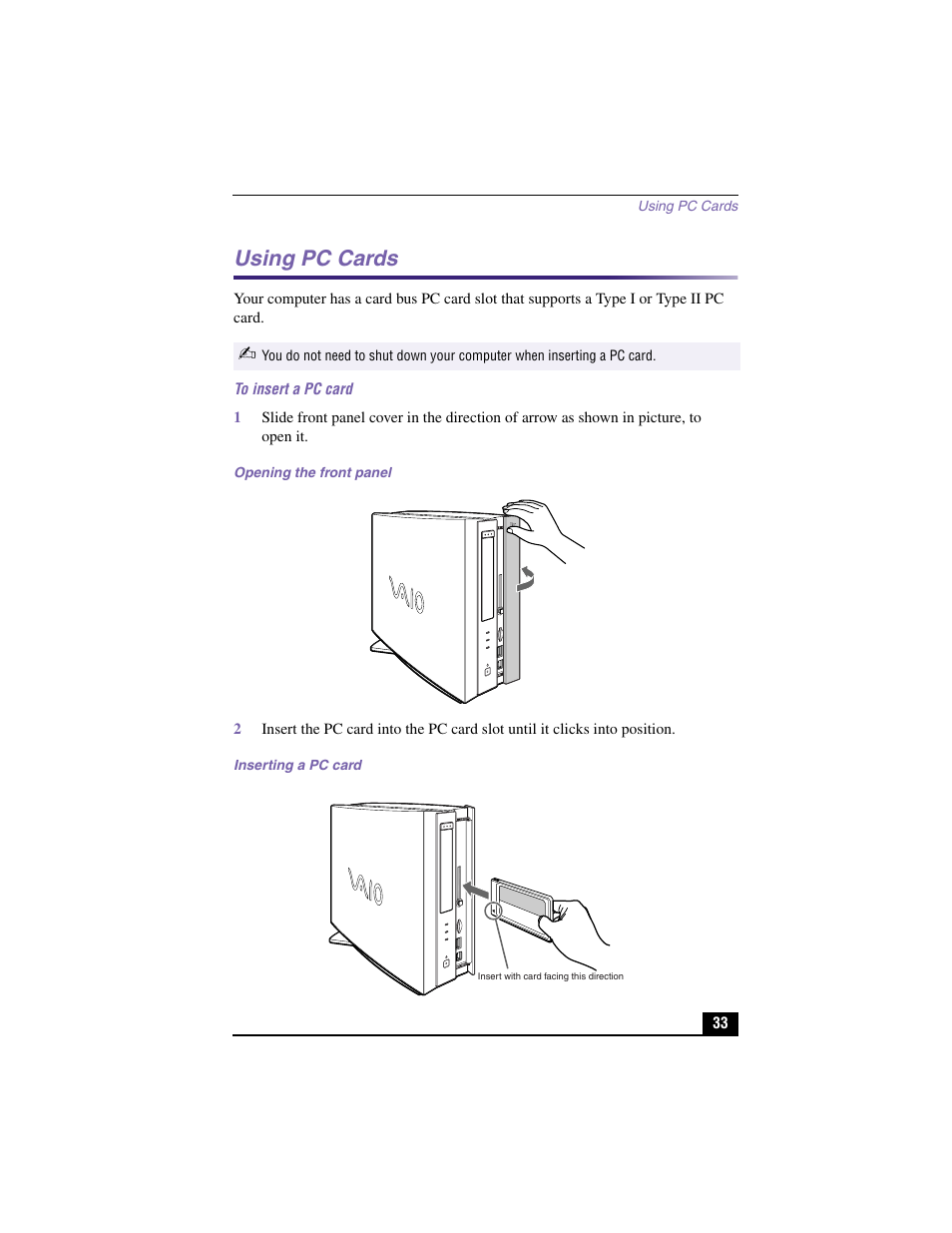 Using pc cards | Sony PCV-LX900 User Manual | Page 33 / 116