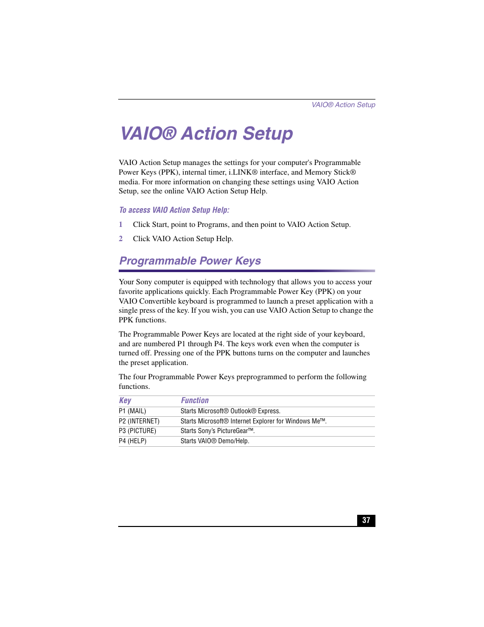 Vaio® action setup, Programmable power keys | Sony PCV-LX900 User Manual | Page 37 / 116