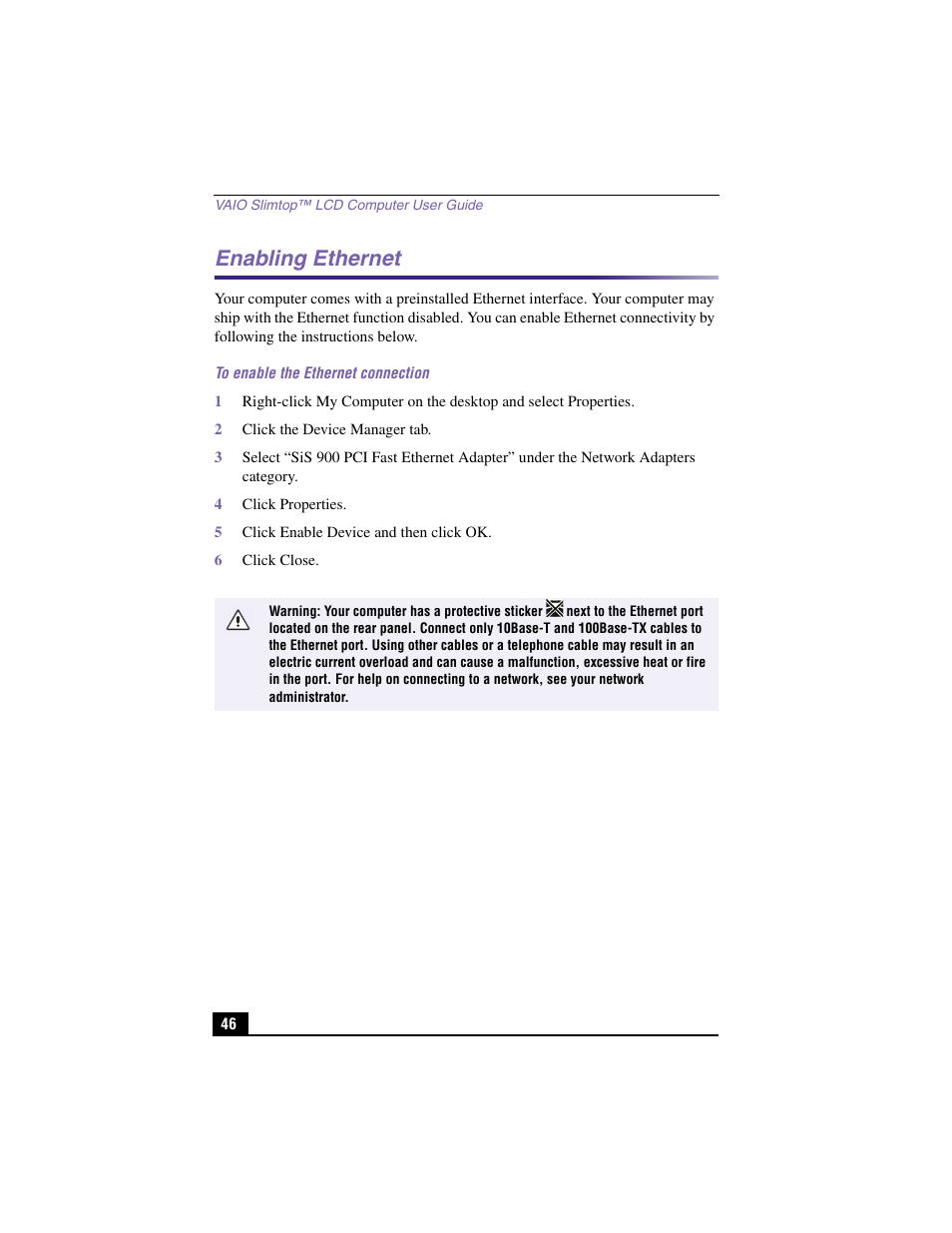 Enabling ethernet | Sony PCV-LX900 User Manual | Page 46 / 116