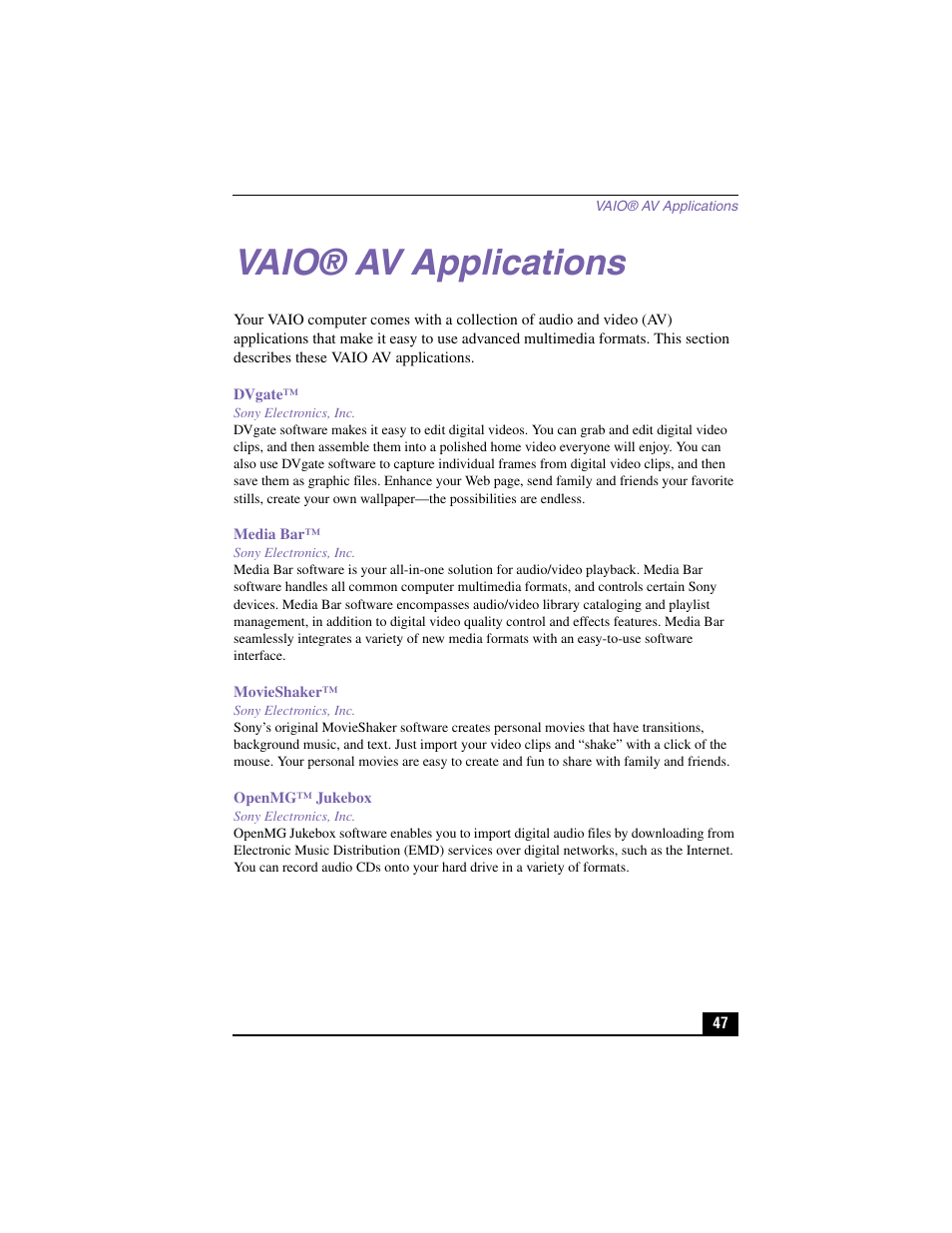 Vaio® av applications | Sony PCV-LX900 User Manual | Page 47 / 116