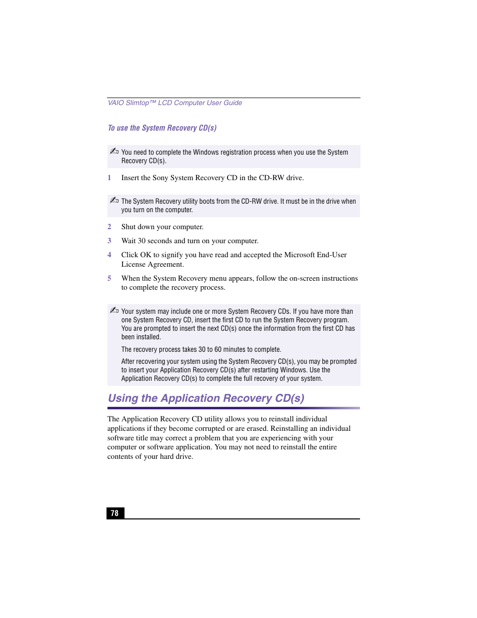 Using the application recovery cd(s) | Sony PCV-LX900 User Manual | Page 78 / 116