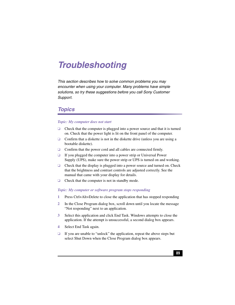 Troubleshooting, Topics | Sony PCV-LX900 User Manual | Page 89 / 116