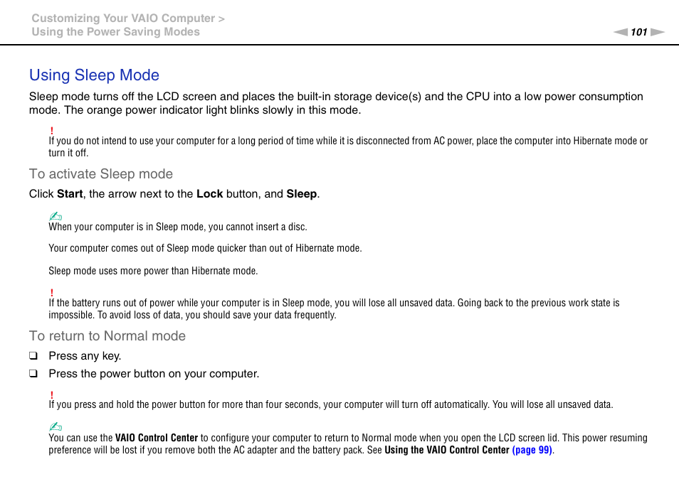 Using sleep mode | Sony VAIO VGN-CS User Manual | Page 101 / 171