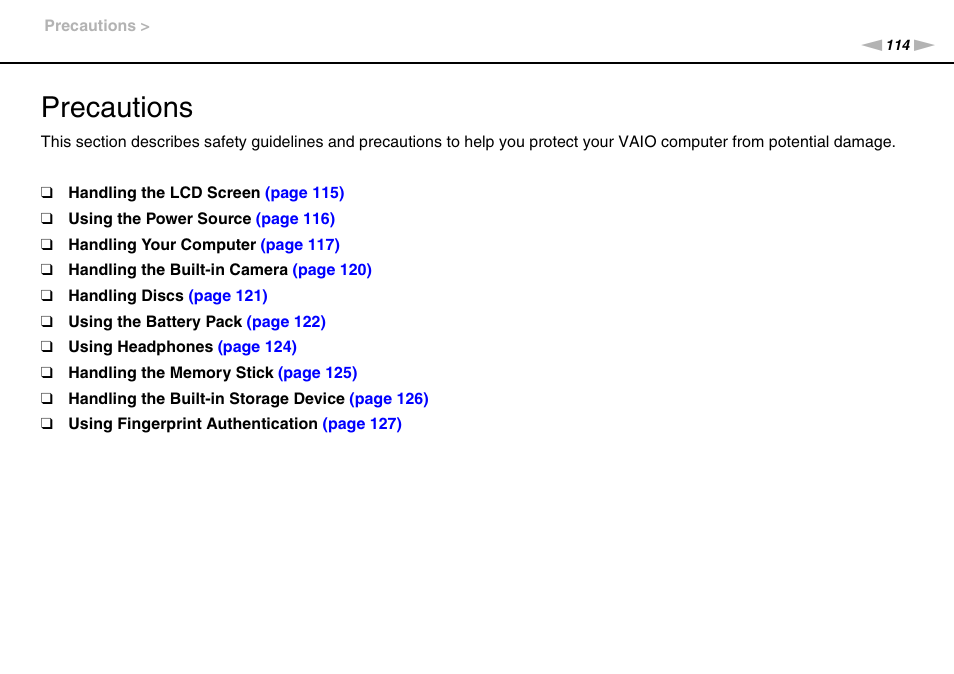 Precautions | Sony VAIO VGN-CS User Manual | Page 114 / 171