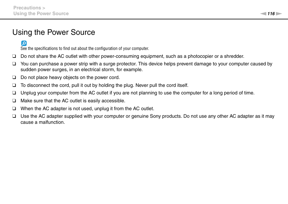 Using the power source | Sony VAIO VGN-CS User Manual | Page 116 / 171