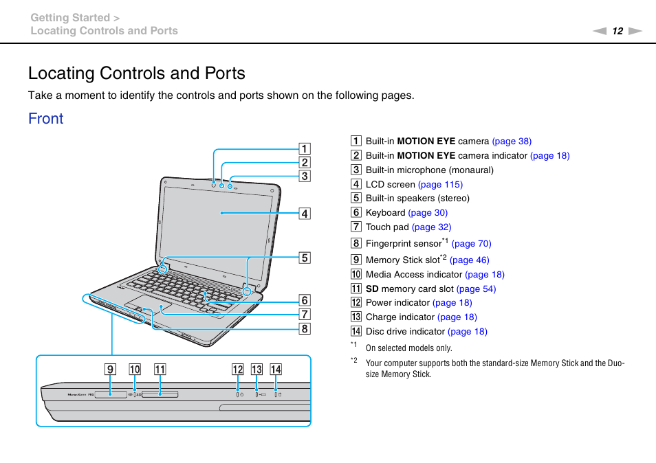 Locating controls and ports, Front | Sony VAIO VGN-CS User Manual | Page 12 / 171