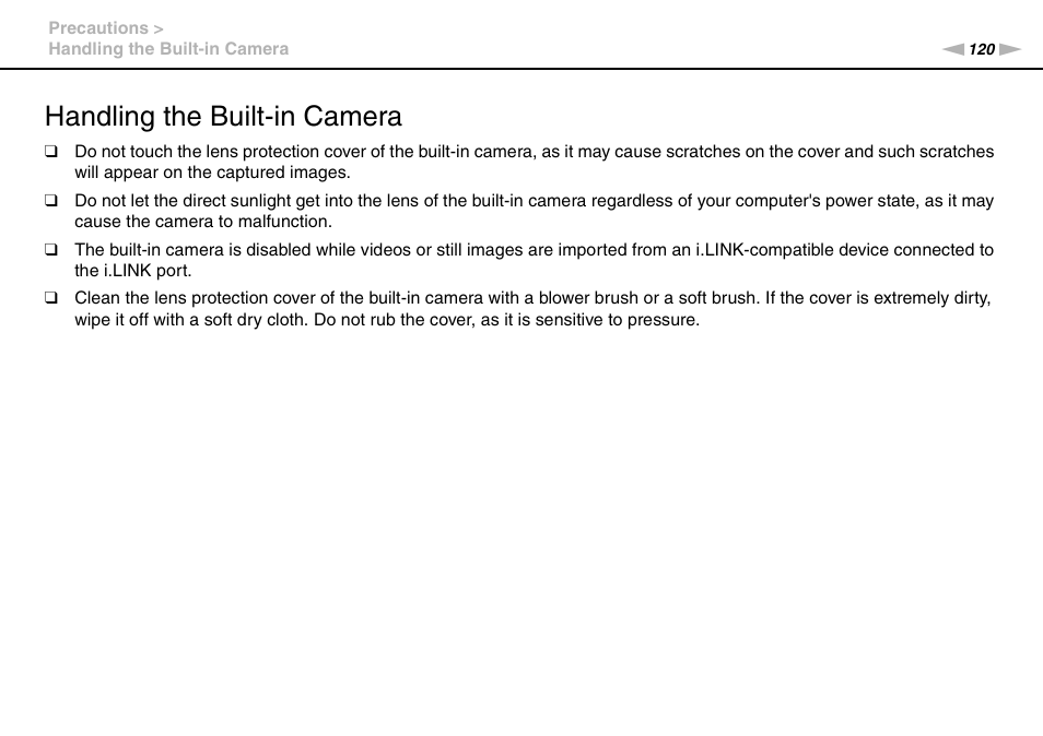 Handling the built-in camera | Sony VAIO VGN-CS User Manual | Page 120 / 171