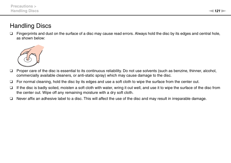 Handling discs | Sony VAIO VGN-CS User Manual | Page 121 / 171