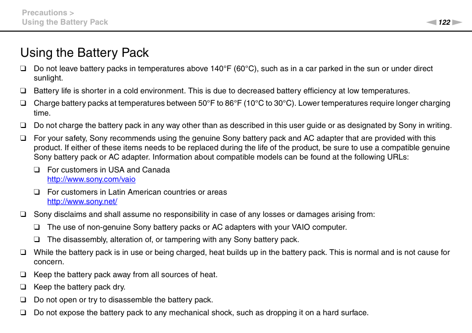 Using the battery pack | Sony VAIO VGN-CS User Manual | Page 122 / 171