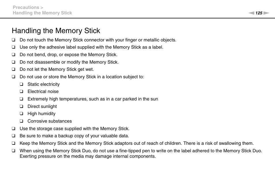 Handling the memory stick | Sony VAIO VGN-CS User Manual | Page 125 / 171