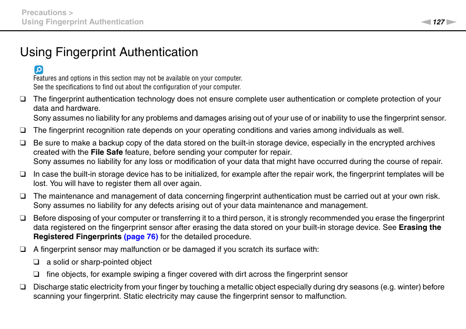 Using fingerprint authentication | Sony VAIO VGN-CS User Manual | Page 127 / 171