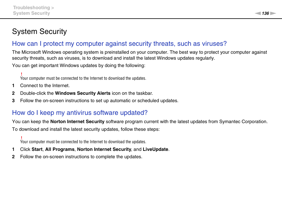 System security, How do i keep my antivirus software updated | Sony VAIO VGN-CS User Manual | Page 136 / 171