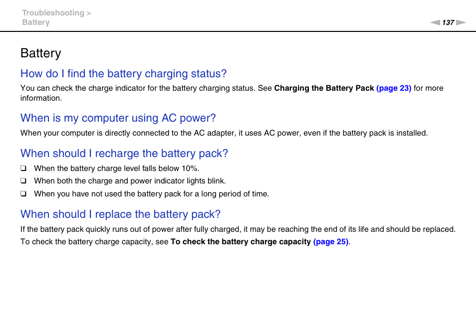 Battery, How do i find the battery charging status, When is my computer using ac power | When should i recharge the battery pack, When should i replace the battery pack | Sony VAIO VGN-CS User Manual | Page 137 / 171