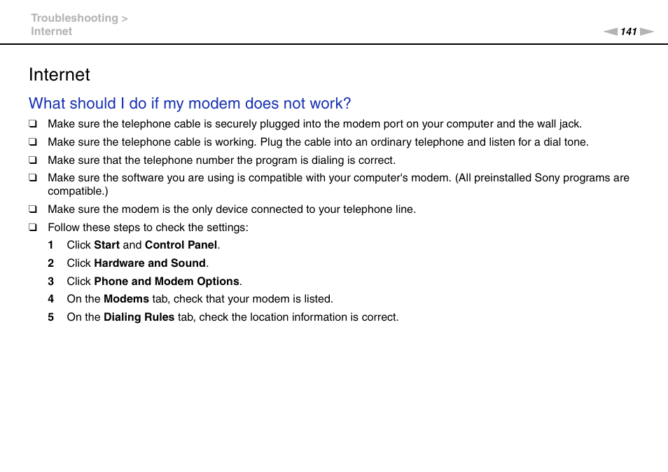 Internet, What should i do if my modem does not work | Sony VAIO VGN-CS User Manual | Page 141 / 171