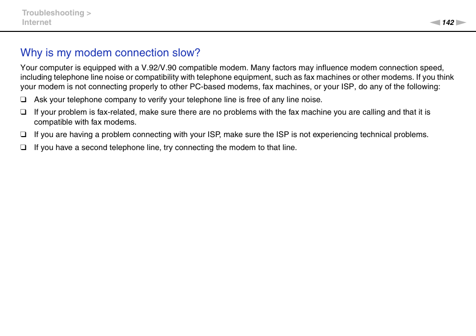 Why is my modem connection slow | Sony VAIO VGN-CS User Manual | Page 142 / 171
