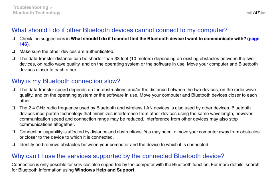 Why is my bluetooth connection slow | Sony VAIO VGN-CS User Manual | Page 147 / 171