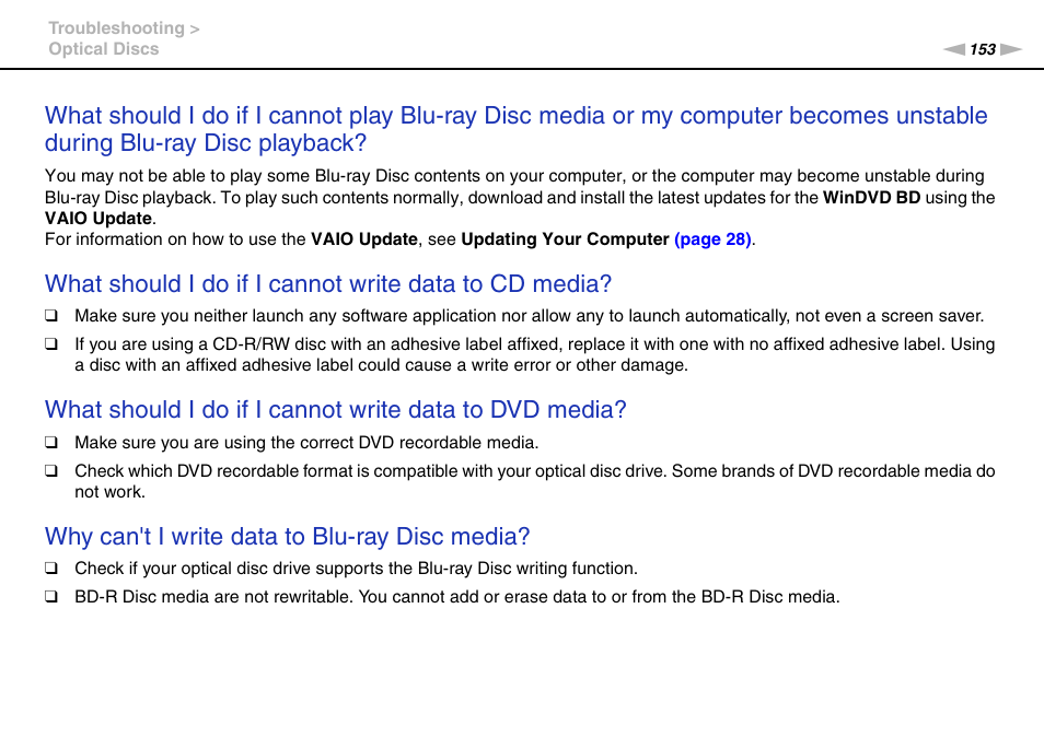 Why can't i write data to blu-ray disc media | Sony VAIO VGN-CS User Manual | Page 153 / 171