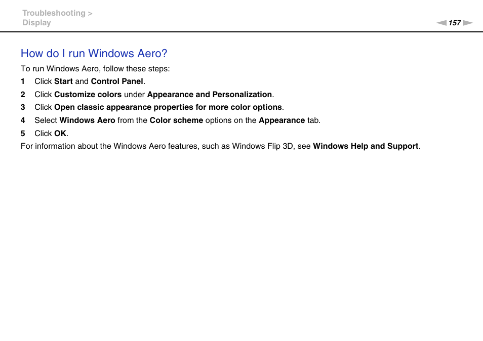 How do i run windows aero | Sony VAIO VGN-CS User Manual | Page 157 / 171