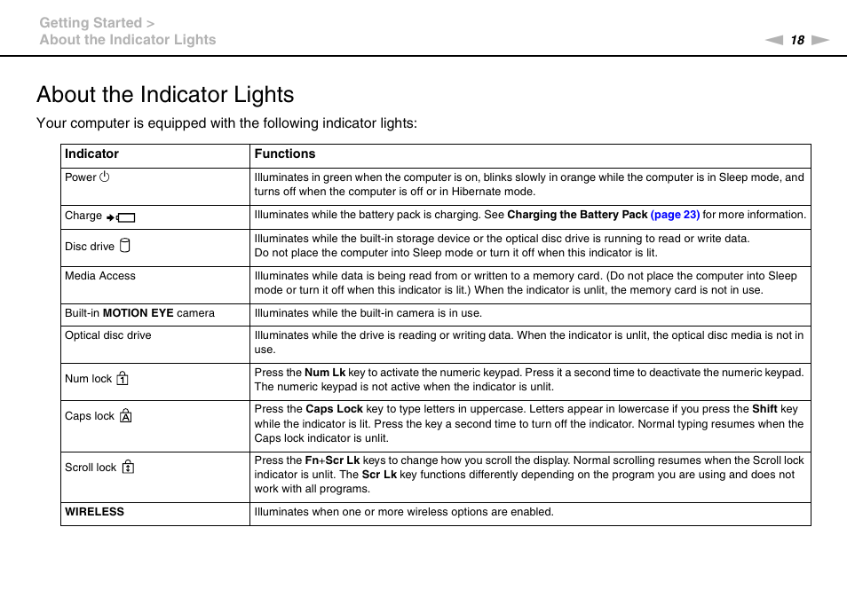 About the indicator lights | Sony VAIO VGN-CS User Manual | Page 18 / 171