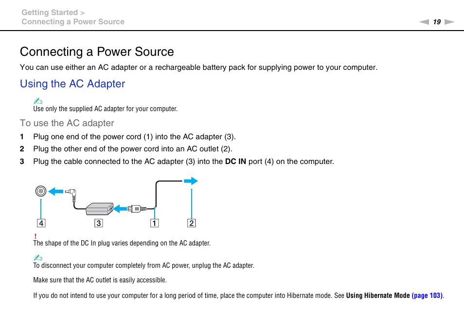 Connecting a power source, Using the ac adapter | Sony VAIO VGN-CS User Manual | Page 19 / 171