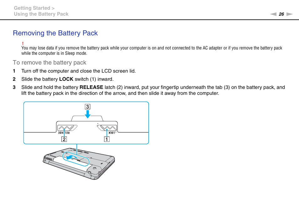 Removing the battery pack | Sony VAIO VGN-CS User Manual | Page 26 / 171