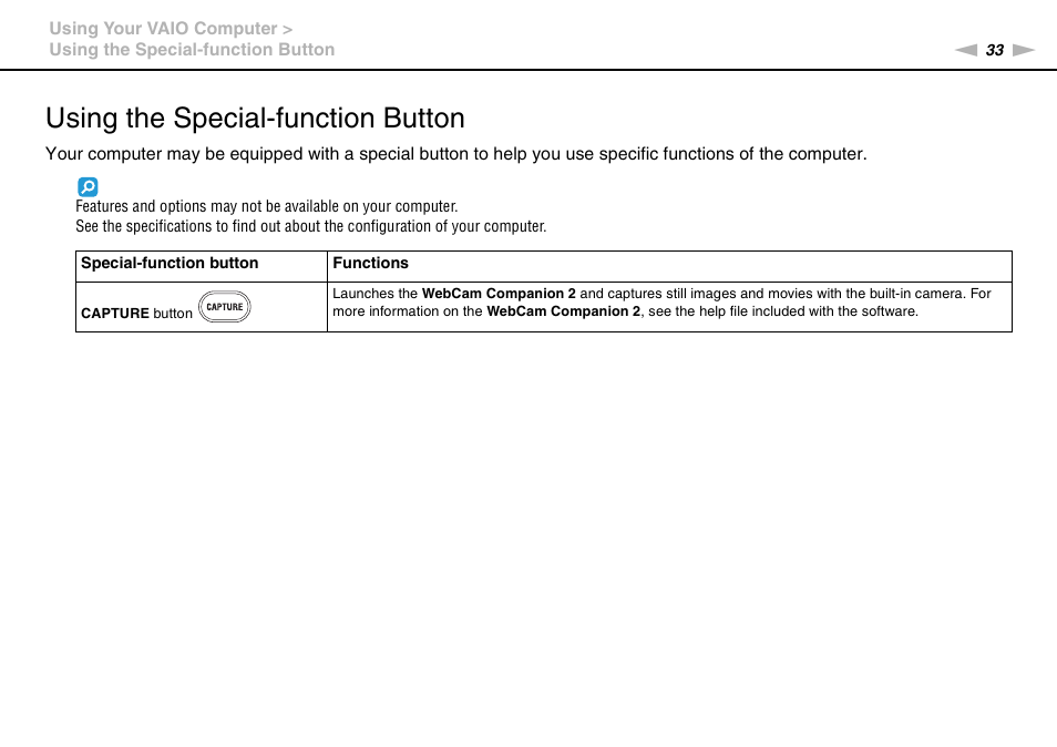 Using the special-function button | Sony VAIO VGN-CS User Manual | Page 33 / 171