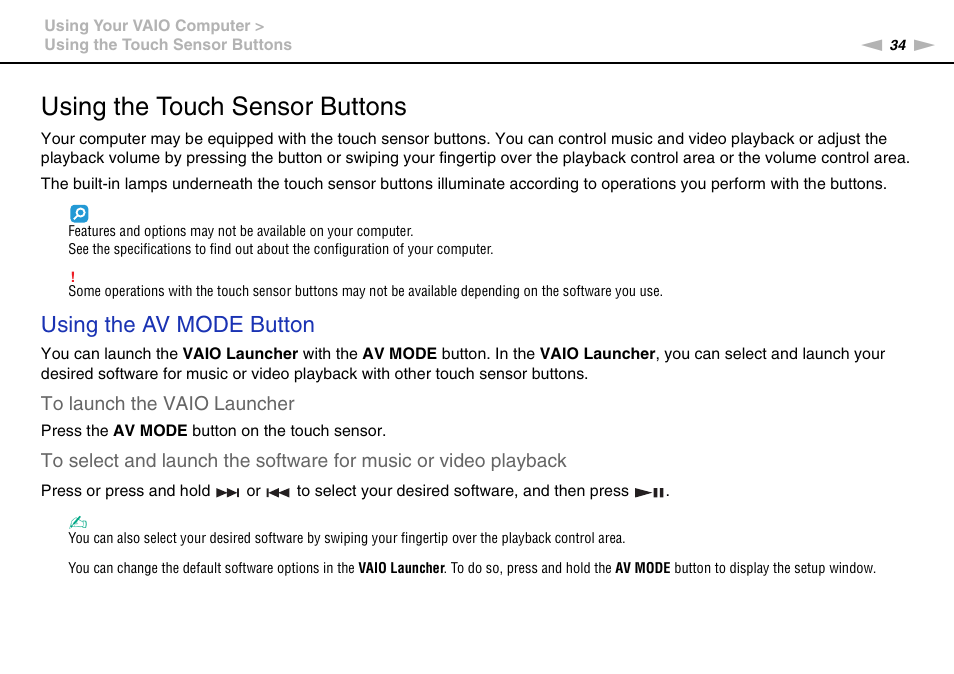 Using the touch sensor buttons, Using the av mode button | Sony VAIO VGN-CS User Manual | Page 34 / 171