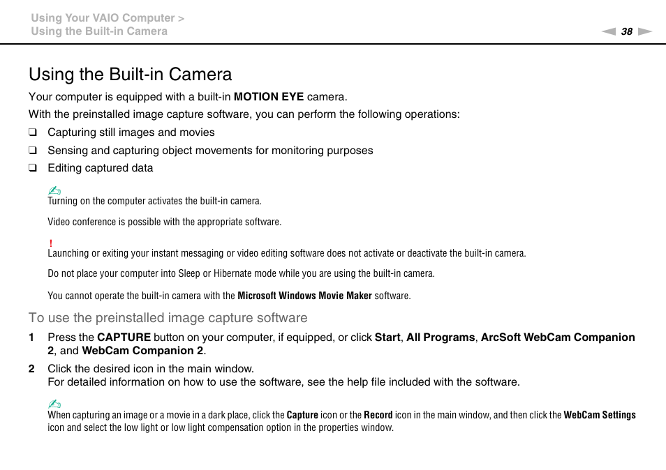 Using the built-in camera | Sony VAIO VGN-CS User Manual | Page 38 / 171