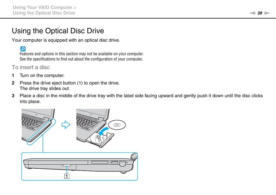 Using the optical disc drive | Sony VAIO VGN-CS User Manual | Page 39 / 171