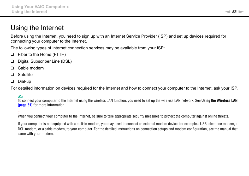 Using the internet | Sony VAIO VGN-CS User Manual | Page 58 / 171