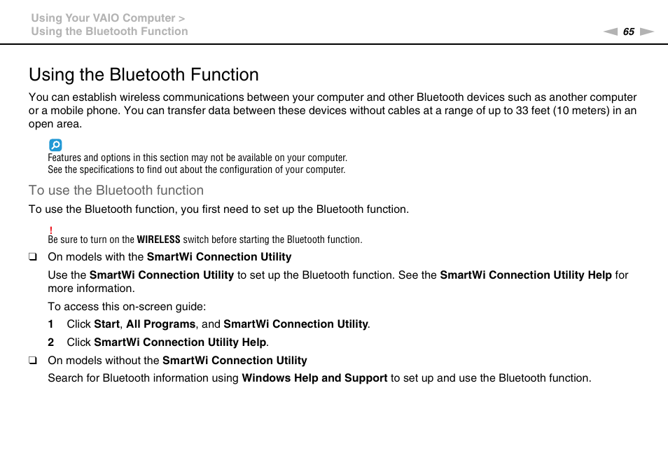 Using the bluetooth function, Tion | Sony VAIO VGN-CS User Manual | Page 65 / 171