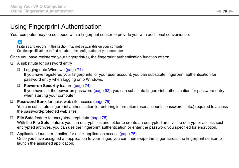 Using fingerprint authentication | Sony VAIO VGN-CS User Manual | Page 70 / 171