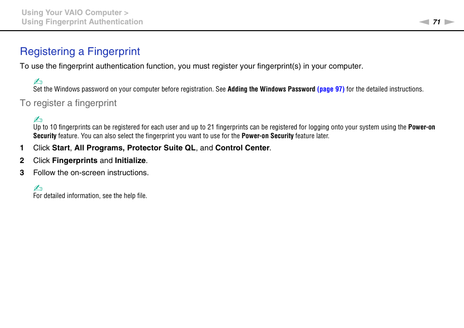Registering a fingerprint | Sony VAIO VGN-CS User Manual | Page 71 / 171