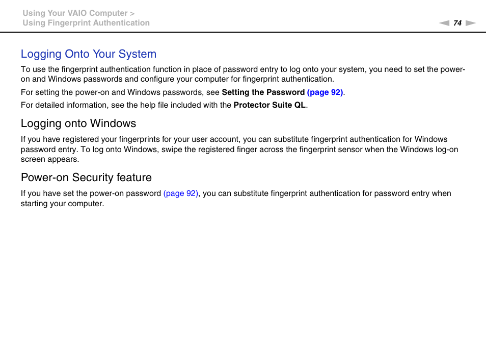 Logging onto your system, Logging onto windows, Power-on security feature | Sony VAIO VGN-CS User Manual | Page 74 / 171