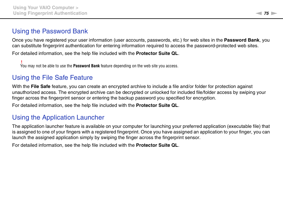 Using the password bank, Using the file safe feature, Using the application launcher | Sony VAIO VGN-CS User Manual | Page 75 / 171