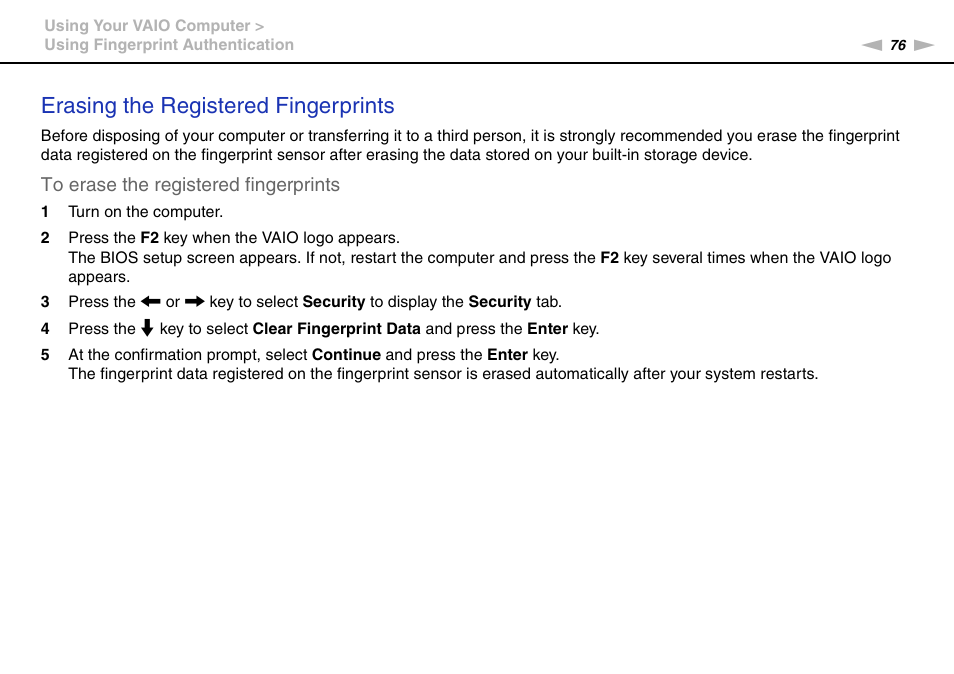 Erasing the registered fingerprints | Sony VAIO VGN-CS User Manual | Page 76 / 171