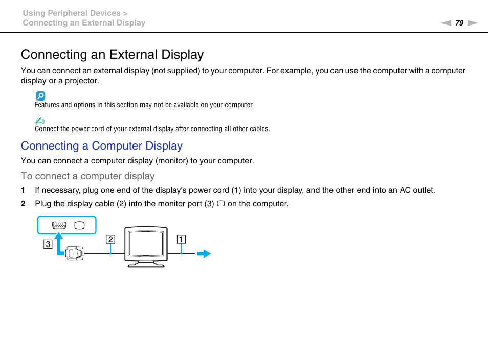 Connecting an external display, Connecting a computer display | Sony VAIO VGN-CS User Manual | Page 79 / 171