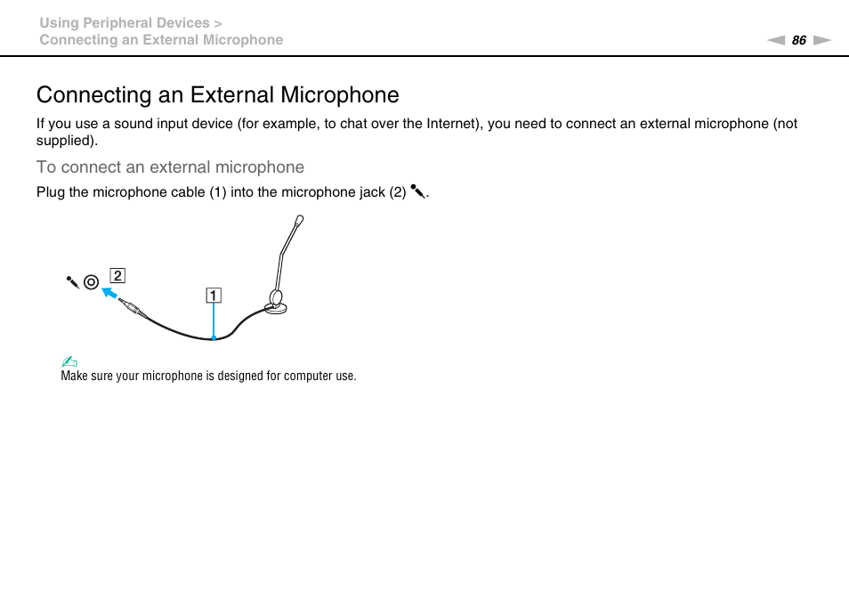 Connecting an external microphone | Sony VAIO VGN-CS User Manual | Page 86 / 171