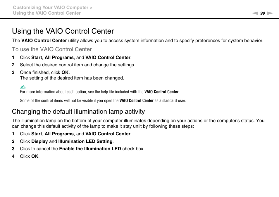 Using the vaio control center, Changing the default illumination lamp activity | Sony VAIO VGN-CS User Manual | Page 99 / 171