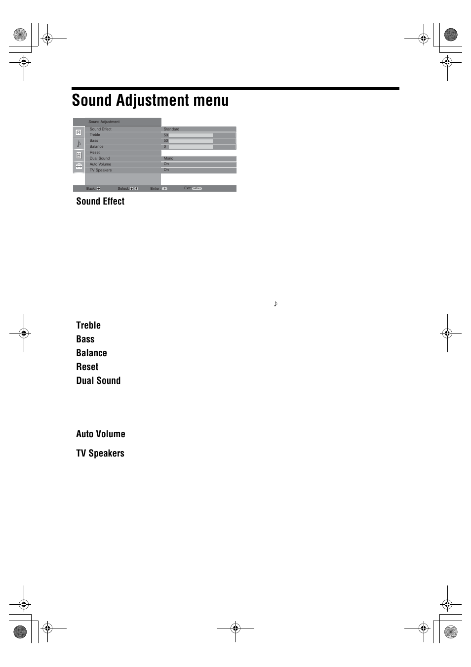 Sound adjustment menu, Sound effect, Treble | Bass, Balance, Reset, Dual sound, Auto volume, Tv speakers | Sony Bravia KDL-26P25xx User Manual | Page 18 / 29