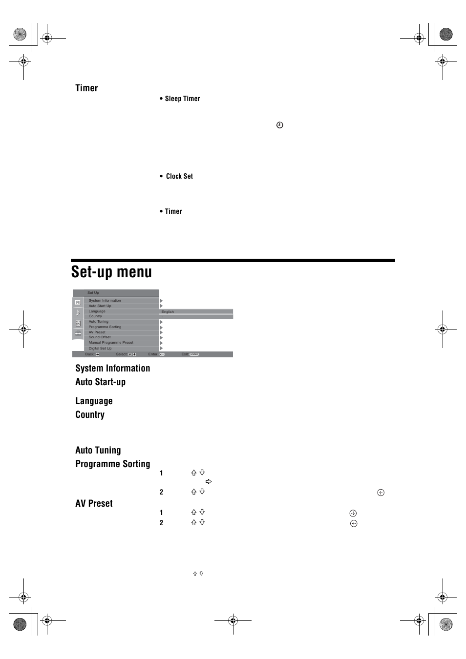 Set-up menu, Timer, System information | Auto start-up, Language, Country, Auto tuning, Programme sorting, Av preset | Sony Bravia KDL-26P25xx User Manual | Page 20 / 29