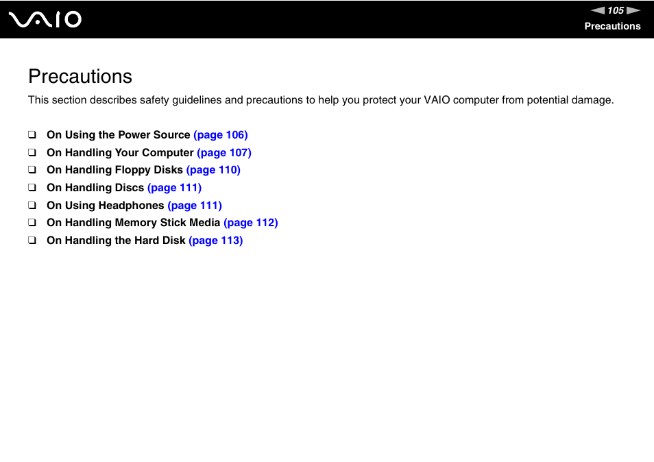 Precautions | Sony VGX-TP1 User Manual | Page 105 / 154