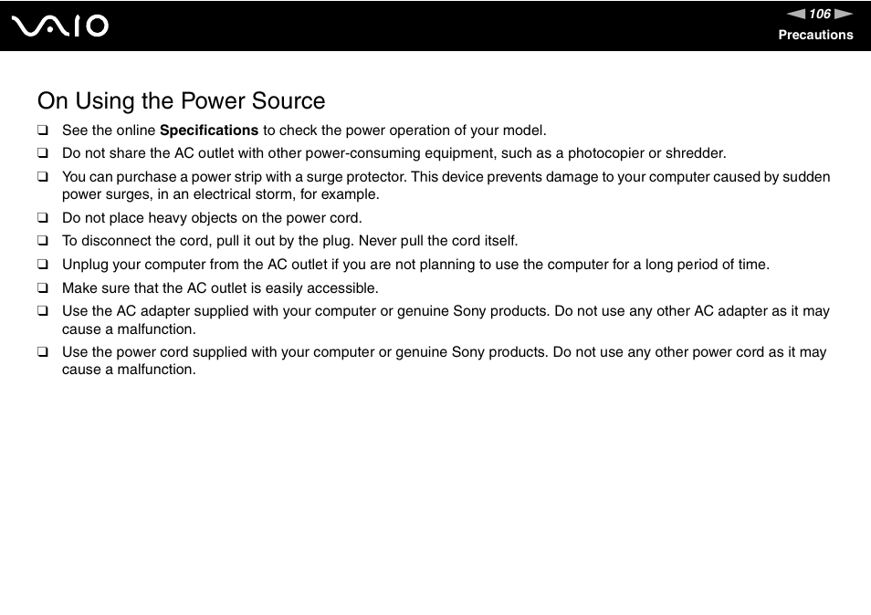On using the power source | Sony VGX-TP1 User Manual | Page 106 / 154