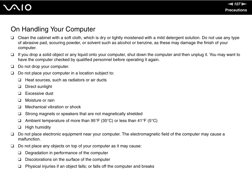 On handling your computer | Sony VGX-TP1 User Manual | Page 107 / 154