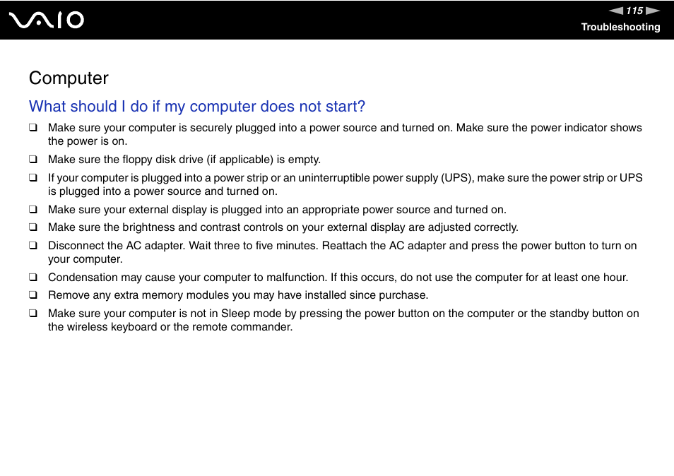 Computer, What should i do if my computer does not start | Sony VGX-TP1 User Manual | Page 115 / 154