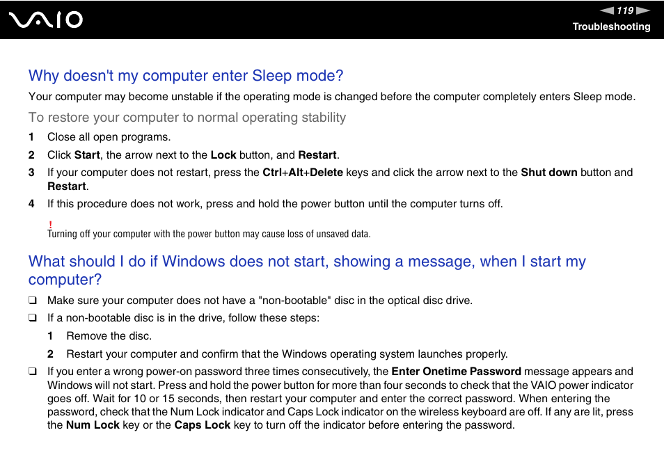 Why doesn't my computer enter sleep mode | Sony VGX-TP1 User Manual | Page 119 / 154