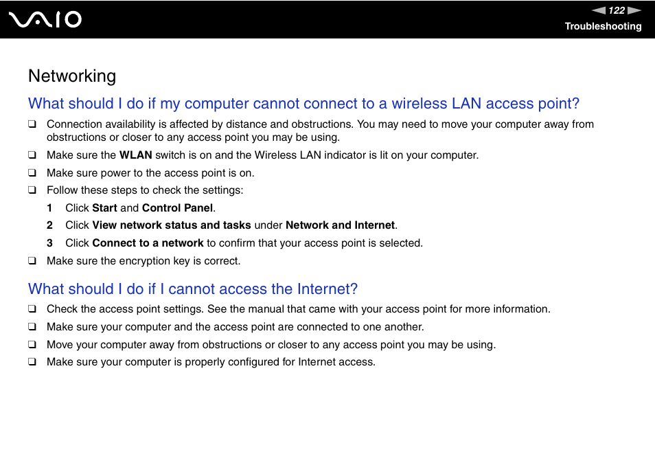 Networking, What should i do if i cannot access the internet | Sony VGX-TP1 User Manual | Page 122 / 154